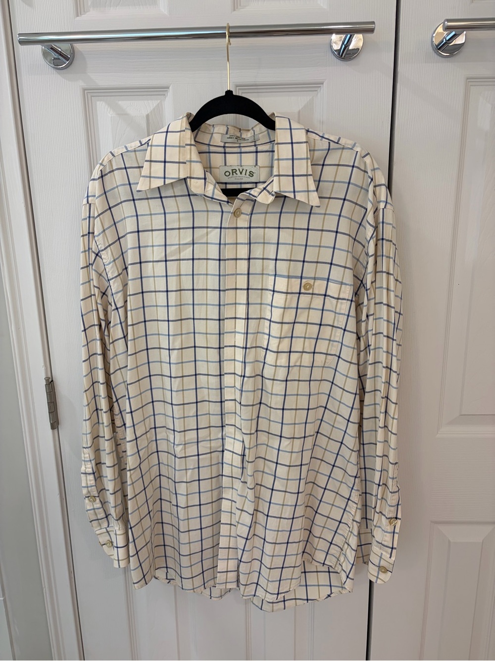 Orvis Cream Long-Sleeve Shirt with Blue Windowpane Check